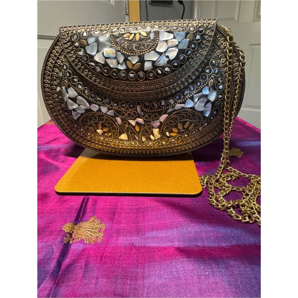 NWOT Handcrafted Indian Brass Mosaic Mother of Pearl Clutch Bag